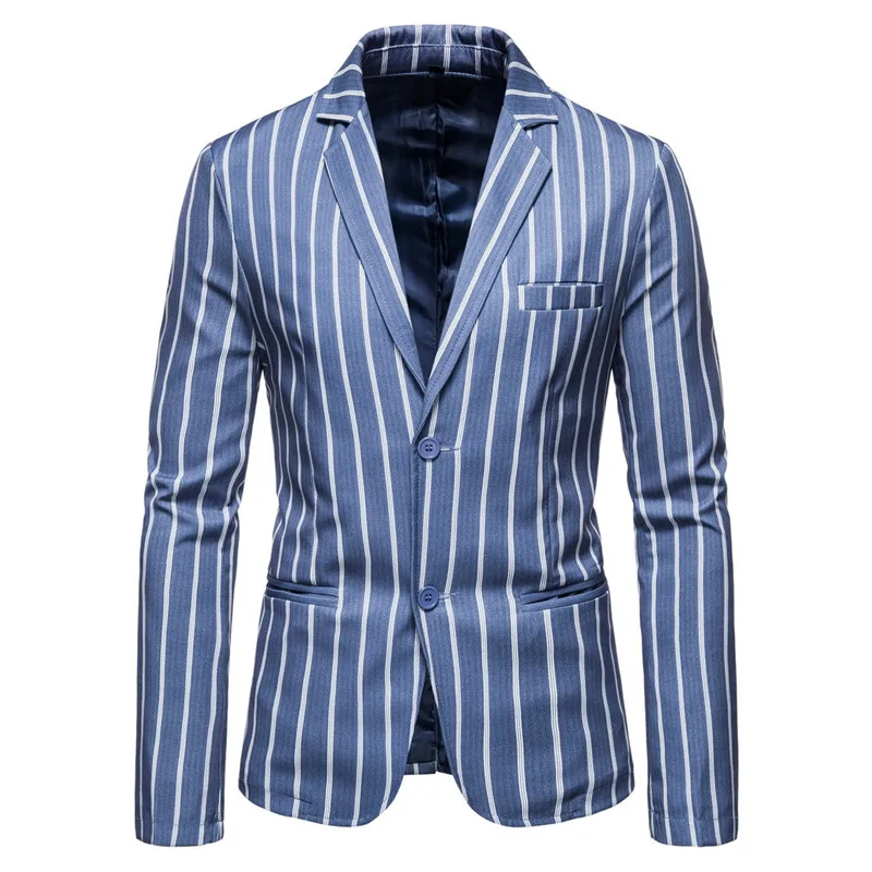 

Весенний и осенний костюм плюс пиджак для мужчин Модный Полосатый блейзер с двумя пуговицами повседневные синие мужские костюмы пальто с д...