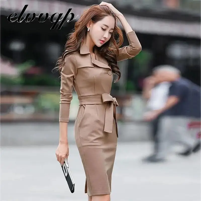 

New Women Notched Office Lady Dress Fashion Sexy Attractive Elegant Belted Midi Bodycon Vestidos Celebrity Party Dress Clubwear