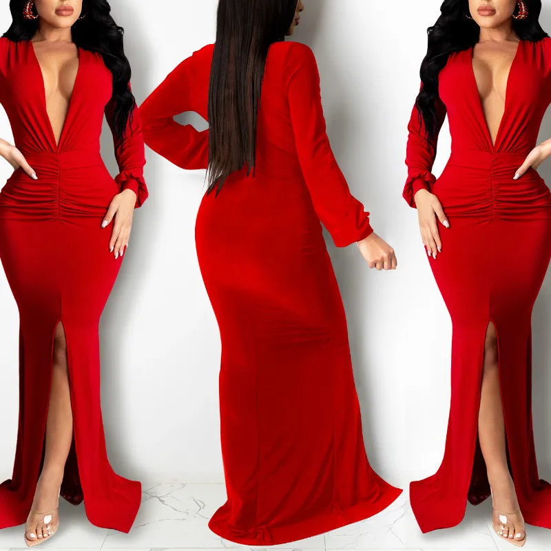 Sexy Deep V-Neck Draped Bodycon Long Dress Women Elegant Slit Maxi Dress Spring Autumn Long Sleeve Party Dress Clubwear Vestidos
Sexy Deep V-Neck Draped Bodycon Long Dress Women Elegant Slit Maxi Dress Spring Autumn Long Sleeve Party Dress Clubwear Vestidos
