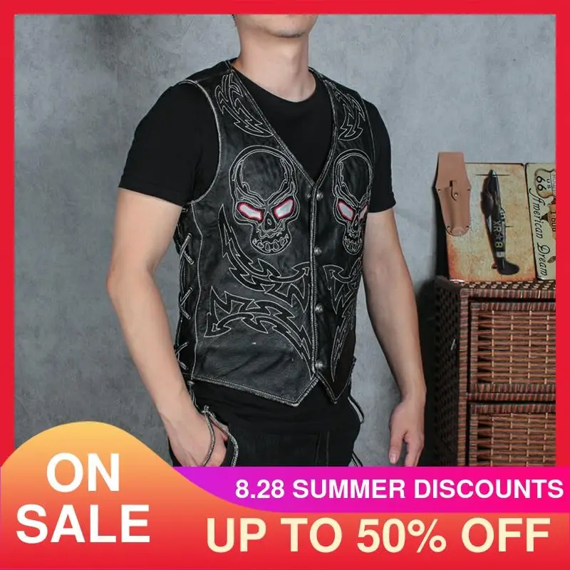 2021 Vintage Black Genuine Leather Vest Men Skulls Embroidery Plus Size 5XL Real Natural Cowhide Summer Slim Fit Short Coat
2021 Vintage Black Genuine Leather Vest Men Skulls Embroidery Plus Size 5XL Real Natural Cowhide Summer Slim Fit Short Coat