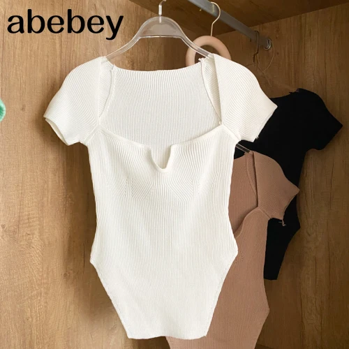 Spring Knitted Tees For Women Sexy sqaure collar Short Sleeve Tshirts Casual Basic Summer Ribbed Slim Cropped Tops Women 2022
Spring Knitted Tees For Women Sexy sqaure collar Short Sleeve Tshirts Casual Basic Summer Ribbed Slim Cropped Tops Women 2022