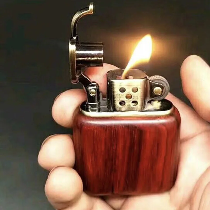 

Vintage Kerosene Lighters Gasoline Wood shell Lighter Grinding Wheels Brass Core Cigarette Fire Gadget gasoline Fire Smoker