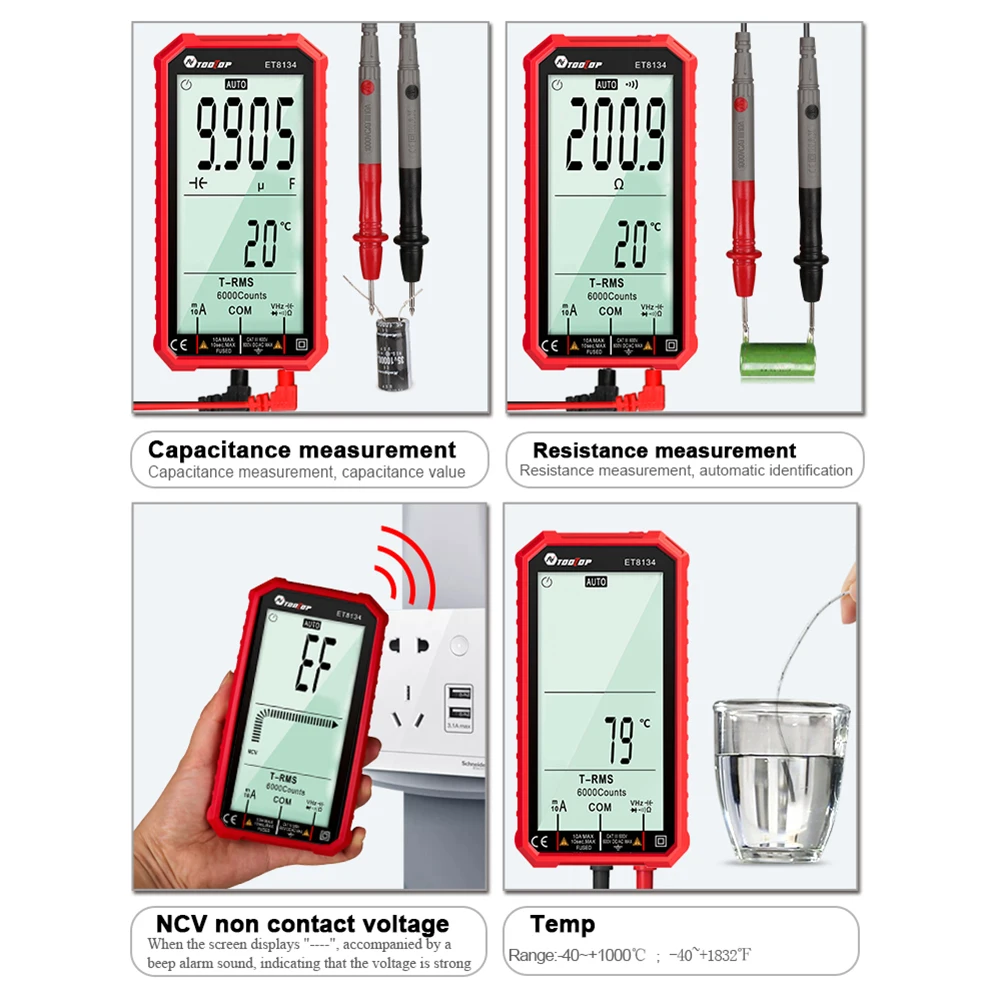 ET8134 NCV Digital Multimeter LCD Backlight Auto Range 6000 Count AC DC Voltmeter Ammeter Ohm Voltage Tester Capacitance Meter
ET8134 NCV Digital Multimeter LCD Backlight Auto Range 6000 Count AC DC Voltmeter Ammeter Ohm Voltage Tester Capacitance Meter