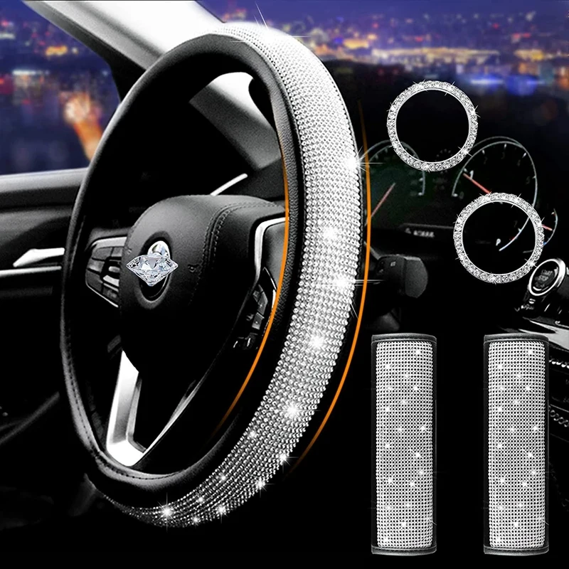 Universal Car Cystal Steering Wheel Cover Diamond Steering Wheel Set with Seat Belt Shoulder Pad Rhinestone Start Ring 
Universal Car Cystal Steering Wheel Cover Diamond Steering Wheel Set with Seat Belt Shoulder Pad Rhinestone Start Ring