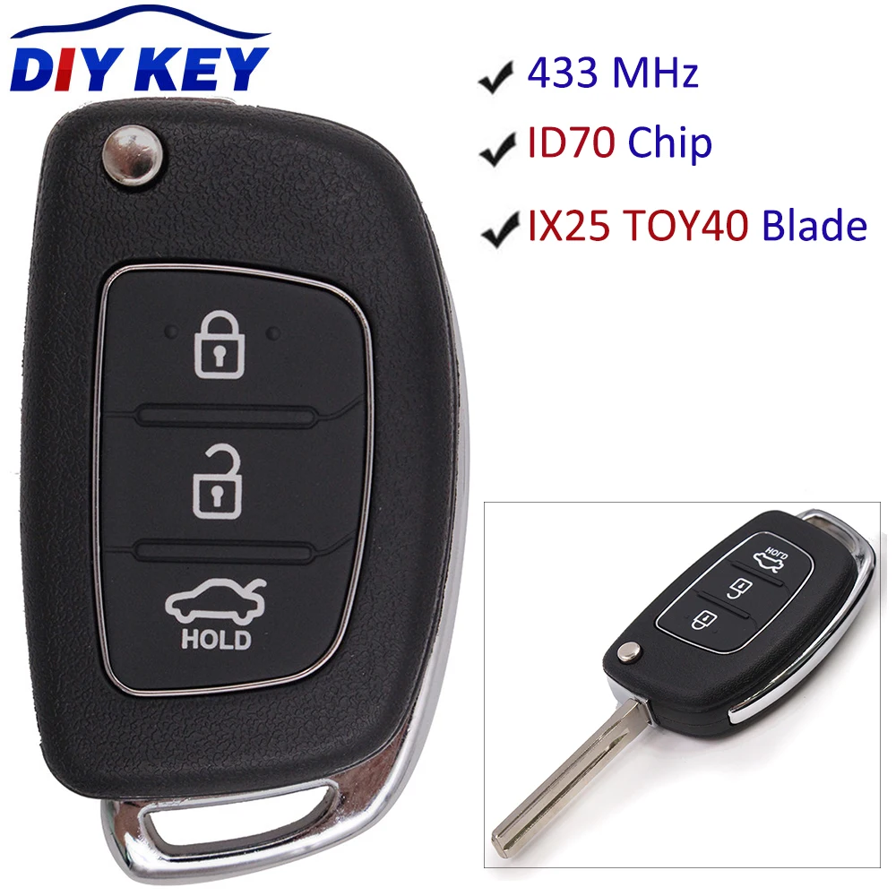 Раскладной 3-кнопочный пульт дистанционного управления DIYKEY 433 МГц с чипом ID70 для Hyundai IX25 TOY40 Blade Uncut
Раскладной 3-кнопочный пульт дистанционного управления DIYKEY 433 МГц с чипом ID70 для Hyundai IX25 TOY40 Blade Uncut