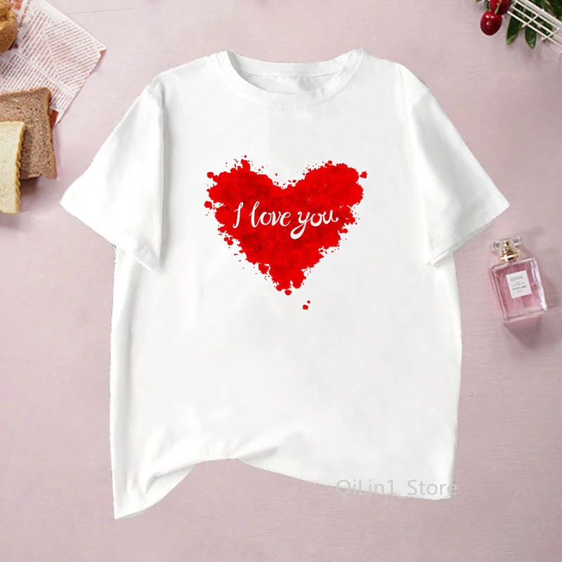 Красная футболка lovehear i love you femme Белый Топ женская одежда 2020 летние футболки для