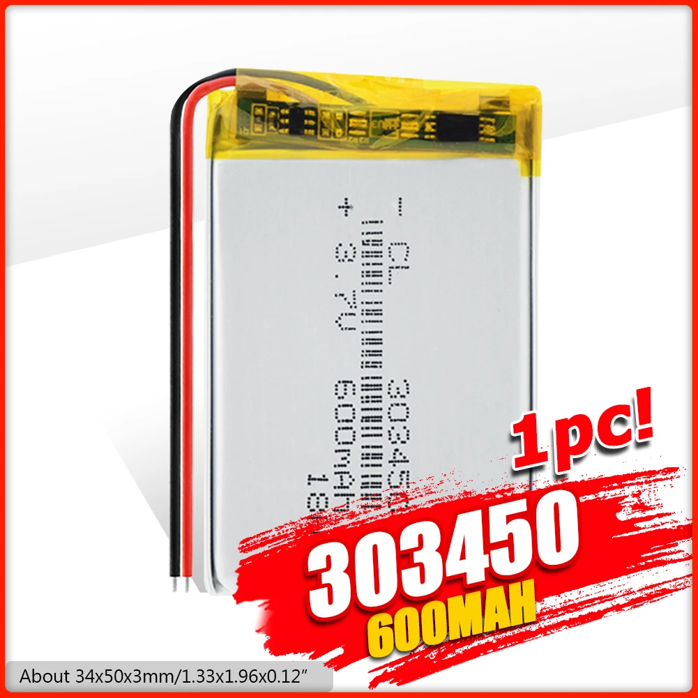 YCDC Rechargeable 3.7V 600mAh Battery 303450 Lithium Polymer Li-Po Battery Lipo cells For MP3 MP4 GPS Electric Toy BT Headset
YCDC Rechargeable 3.7V 600mAh Battery 303450 Lithium Polymer Li-Po Battery Lipo cells For MP3 MP4 GPS Electric Toy BT Headset