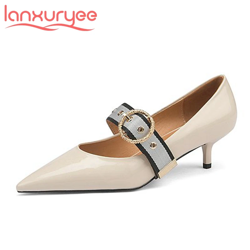 Lanxuryee spring high fashion model natural cow leather catwalk pointed toe thin med heels buckle straps noble women pumps l58
Lanxuryee spring high fashion model natural cow leather catwalk pointed toe thin med heels buckle straps noble women pumps l58