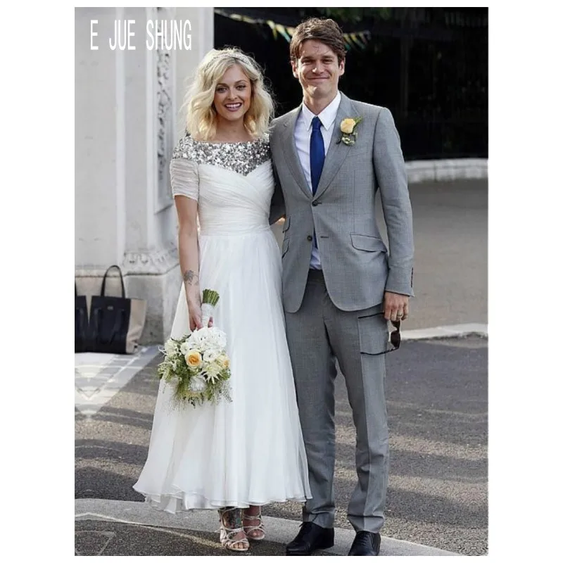 E JUE SHUNG Silver Sequins Ankle Length Chiffon Wedding Dresses Short Sleeves Zipper Back Bridal Gowns vestido de noiva
E JUE SHUNG Silver Sequins Ankle Length Chiffon Wedding Dresses Short Sleeves Zipper Back Bridal Gowns vestido de noiva
