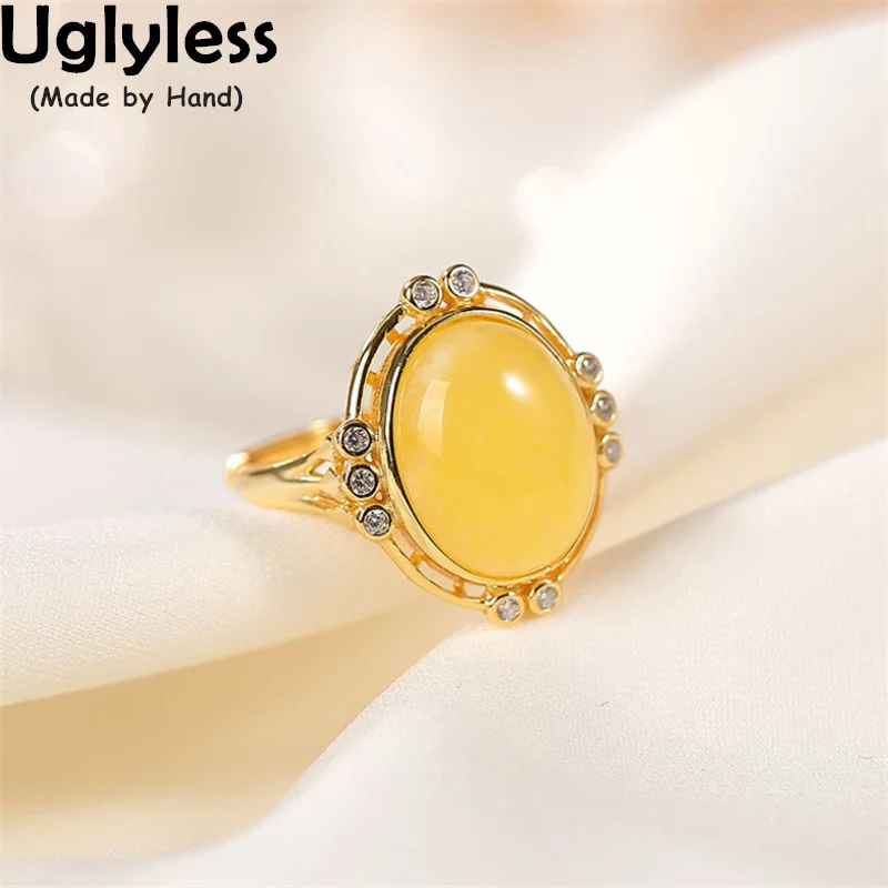 

Uglyless Fashion Minimalism Blank Amber Rings for Women Simple Gemstones 925 Silver Rings Crystals Beeswax Jewelry Gold Bijoux
