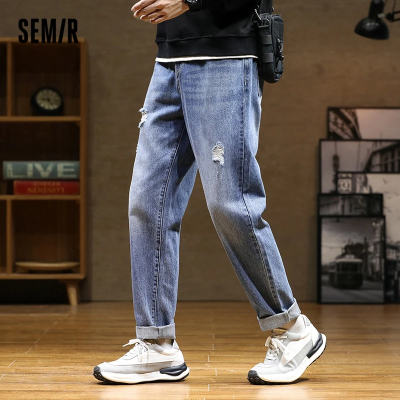 

SEMIR Jeans Men 2021 Autumn New Hole Washed Cotton Blue Pants Man Trendy Brand Ins Tapered Trousers