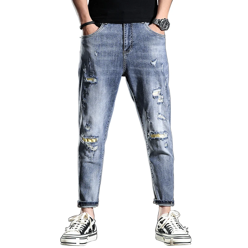 Summer Blue Ripped Jeans Men Letter Printed Ankle-Length Pants Streetwear Hip Hop Denim Trousers
Summer Blue Ripped Jeans Men Letter Printed Ankle-Length Pants Streetwear Hip Hop Denim Trousers