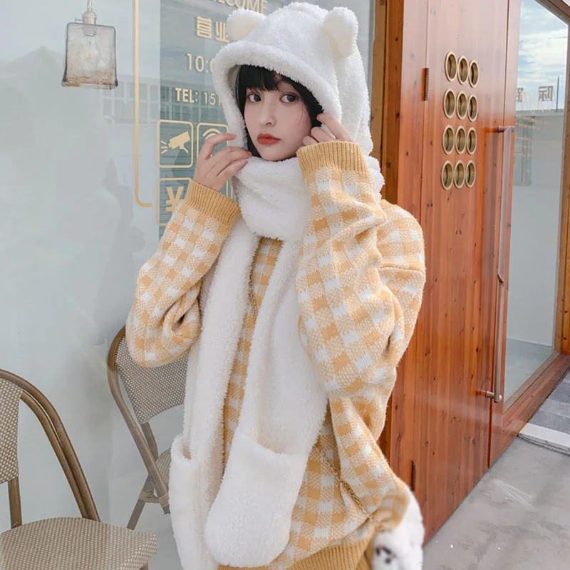 Winter Thick Warm Bear Hat Scarf Gloves Three-Piece Set Lady Neck Guard Bomber Hats
Winter Thick Warm Bear Hat Scarf Gloves Three-Piece Set Lady Neck Guard Bomber Hats