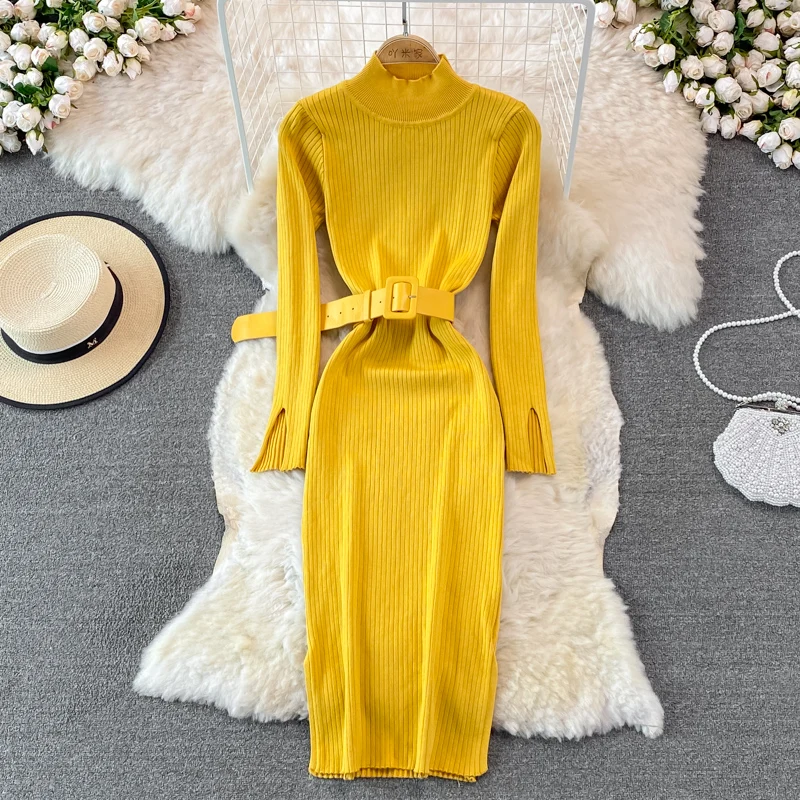 Yellow/Brown/Black Knitted Bodycon Dress Women Autumn Winter Elegant Turtleneck Long Sleeve High Waist Sheath Vestidos With Belt
Yellow/Brown/Black Knitted Bodycon Dress Women Autumn Winter Elegant Turtleneck Long Sleeve High Waist Sheath Vestidos With Belt