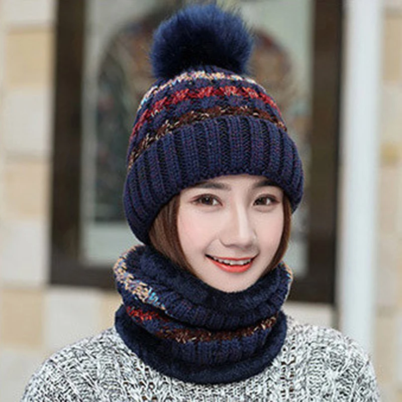 2pcs Balaclava Winter Hat BeaniesWomen Hat Scarf Warm Breathable Wool Knitted Hat Stripe Pompom Female Putdoor Windproof Bonnet