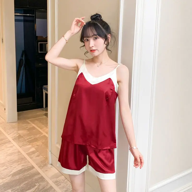 Red 3PCS Female Pajama Suit Summer Sexy Strap Top&Shorts Nightwear Faux Silk Temperament Home Clothes With Belt Loose Sleepwear
Red 3PCS Female Pajama Suit Summer Sexy Strap Top&Shorts Nightwear Faux Silk Temperament Home Clothes With Belt Loose Sleepwear