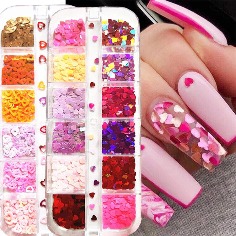

12 Grids/box Laser Love Heart Butterfly Nail Sequins Mixed Color Sparkle Nail Glitter Flakes 3D Nail Art Decorations Accessories