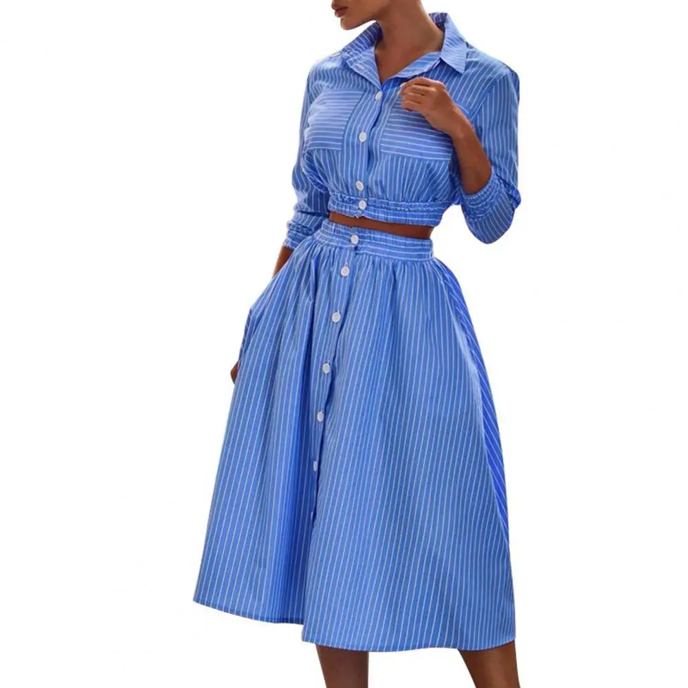1 Set Tunic Blouse French Style Elegant Skirt Set Striped Print Single-breasted Two-piece 3/4 Sleeve Lapel Crop Top Skirt 2021 
1 Set Tunic Blouse French Style Elegant Skirt Set Striped Print Single-breasted Two-piece 3/4 Sleeve Lapel Crop Top Skirt 2021