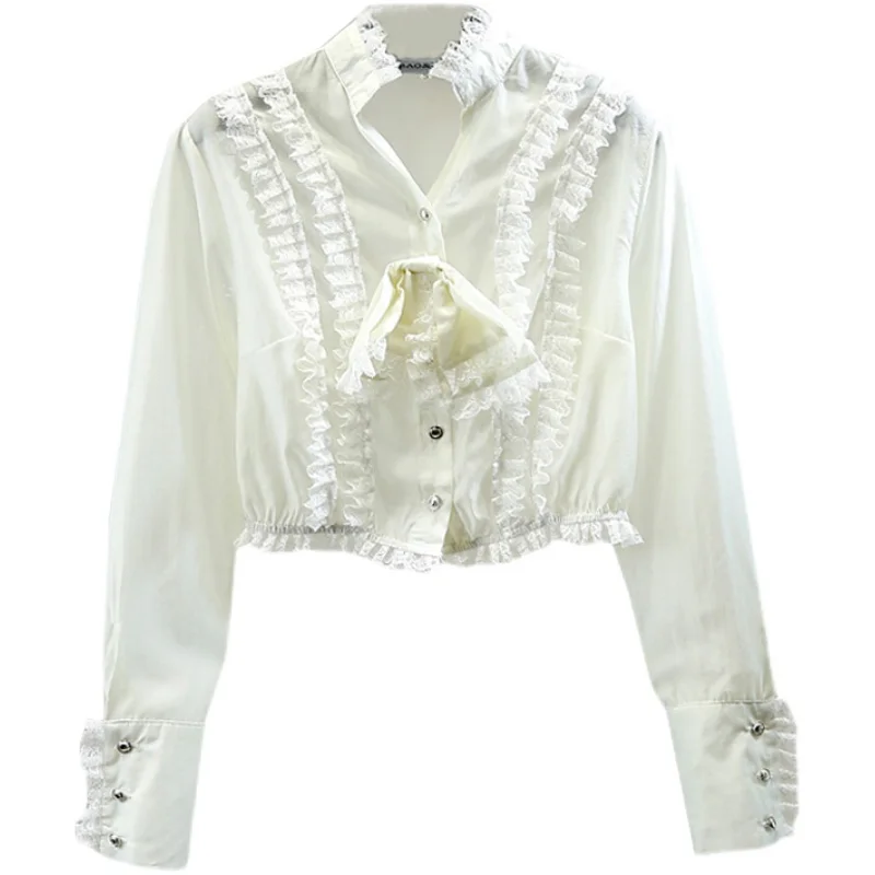 Crop Top Women Sweet Bow Pleated Fungus Lace Patchwork Stand-up Collar Single-Breasted Short Lady All-Match Shirt Blouses Tops
Crop Top Women Sweet Bow Pleated Fungus Lace Patchwork Stand-up Collar Single-Breasted Short Lady All-Match Shirt Blouses Tops