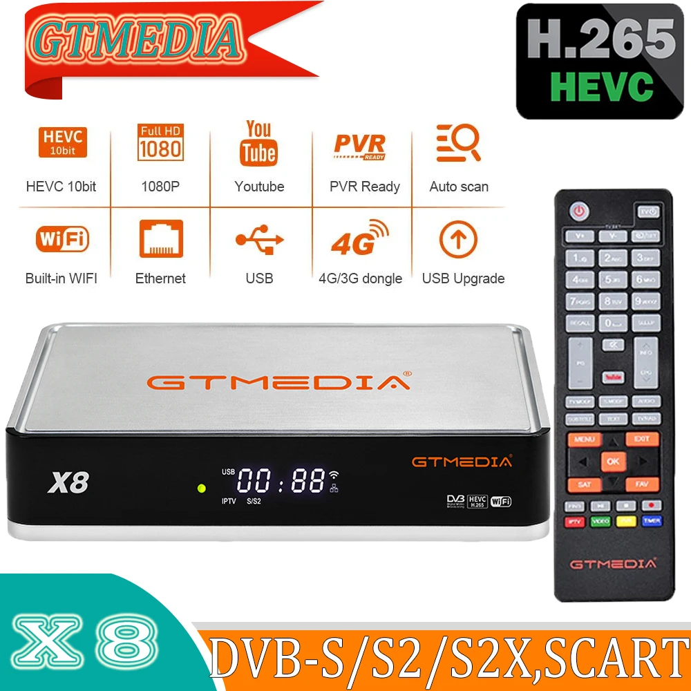 Спутниковый ТВ-приемник GTMedia X8, декодер 1080P HD DVB-S2 S2X, приемник-тюнер с поддержкой Wi-Fi M3U CCam
Спутниковый ТВ-приемник GTMedia X8, декодер 1080P HD DVB-S2 S2X, приемник-тюнер с поддержкой Wi-Fi M3U CCam