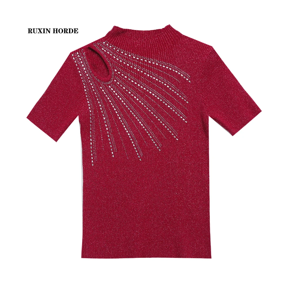 Diamond Hollow Out Half Turtleneck Women T-Shirt Slim Sexy Short-Sleeved Cultivate Morality Perspective Knitwear Bright Silk Top
Diamond Hollow Out Half Turtleneck Women T-Shirt Slim Sexy Short-Sleeved Cultivate Morality Perspective Knitwear Bright Silk Top