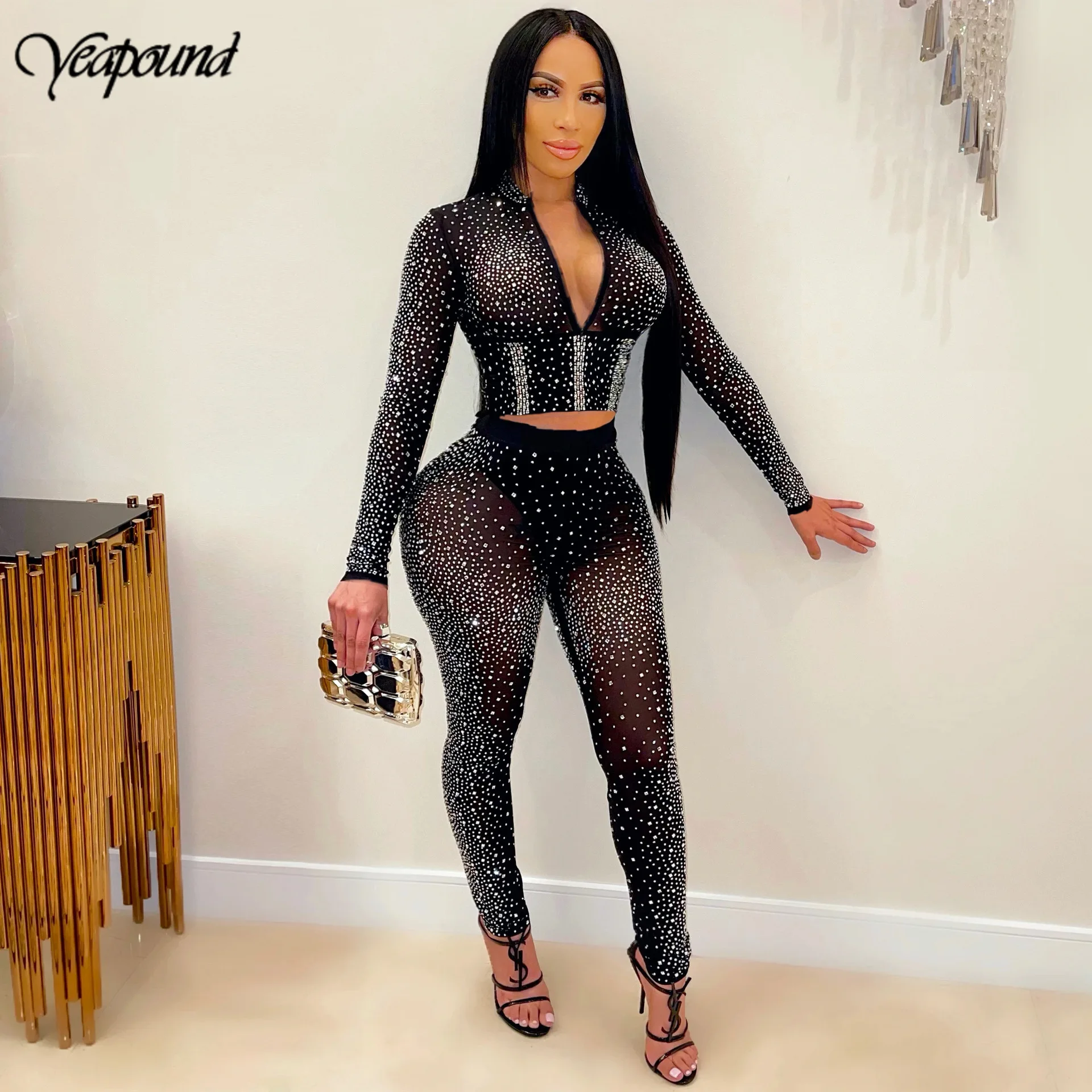 Fashion New Summer Shinymesh Outfits Nightclub V-Neck Long Sleeve Blouse Top Pencil Pants Hot Drill Women's Two Piece Suit
Fashion New Summer Shinymesh Outfits Nightclub V-Neck Long Sleeve Blouse Top Pencil Pants Hot Drill Women's Two Piece Suit