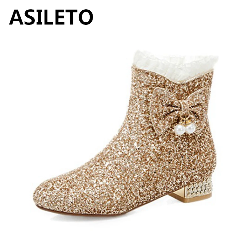 

ASILETO Sweet Princess Ankle Boots Bowtie Pearl Crystal Sequined Cloth Round Toe Shiny Zip 2.5cm Short Heel US12 Pink A4213