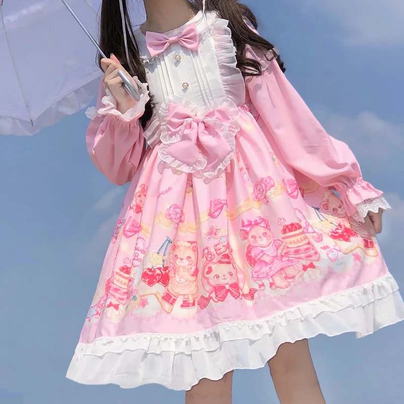 

Sweety Lolita Style Girly Party Dress Peter Pan Collar Lace Bow Ruffles Flare Sleeve Kawaii Cartoon Printing Dresses For Female