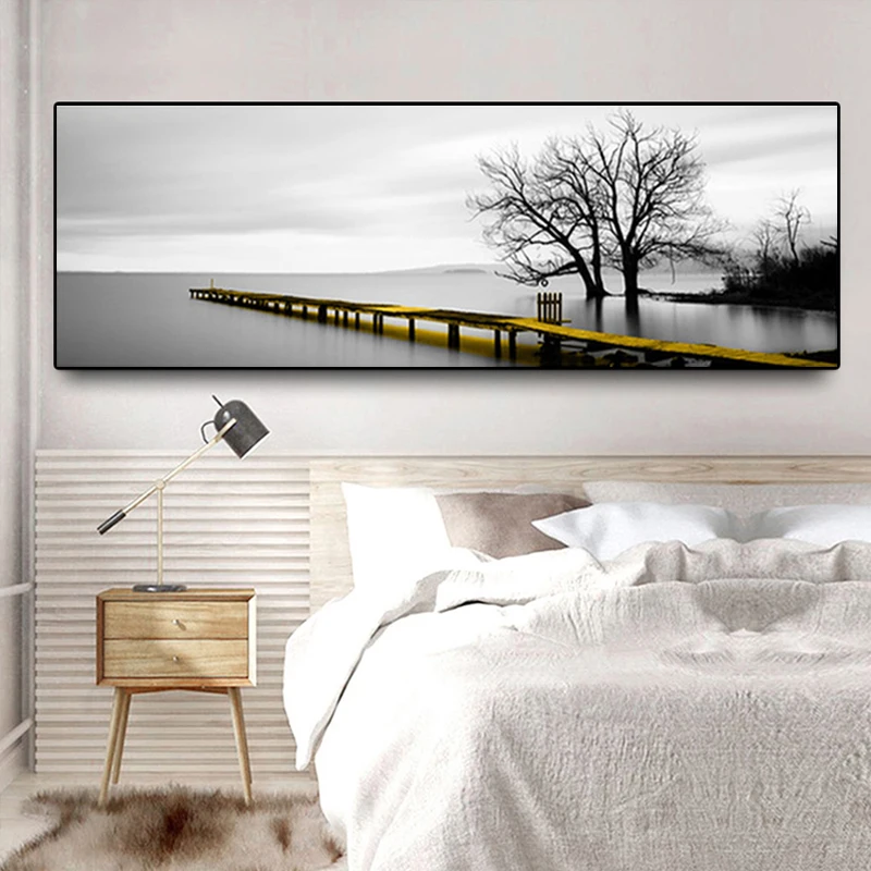 

Calm Lake Surface Landscape Yellow Long Bridge Scene Canvas Paintings Posters and Prints Wall Art Pictures for Living Room Decor