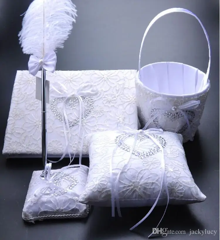 Elegant Heart Shape Diamond White Bow Book Bearer Ring Pillow & Feather Pen Set Girl Flower Basket Wedding Suppliers Favor
Elegant Heart Shape Diamond White Bow Book Bearer Ring Pillow & Feather Pen Set Girl Flower Basket Wedding Suppliers Favor