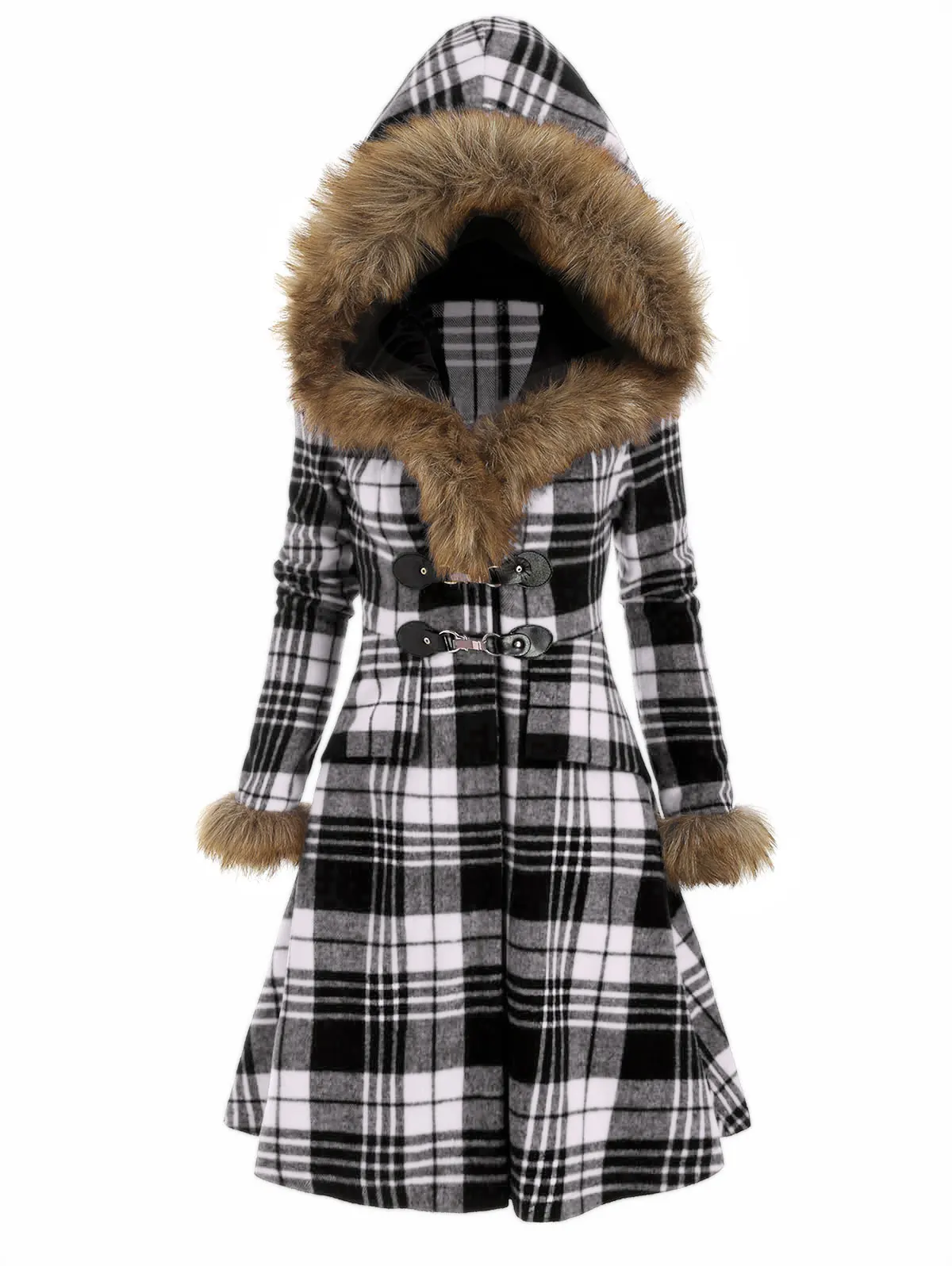 

Dresslily 2021 Women Plaid Faux Fur Hood Longline Coat Single Breasted Autumn Winter Female Wool Blends 3xl Outwear