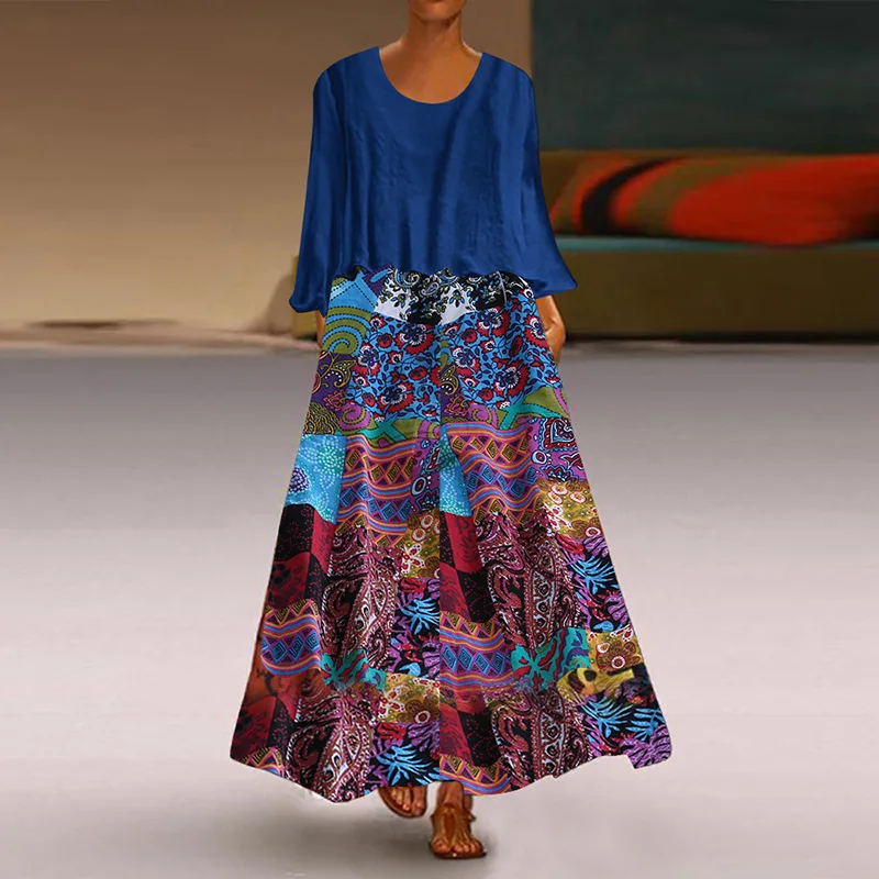 Фото Женское винтажное длинное платье ZANZEA осеннее макси из двух - купить