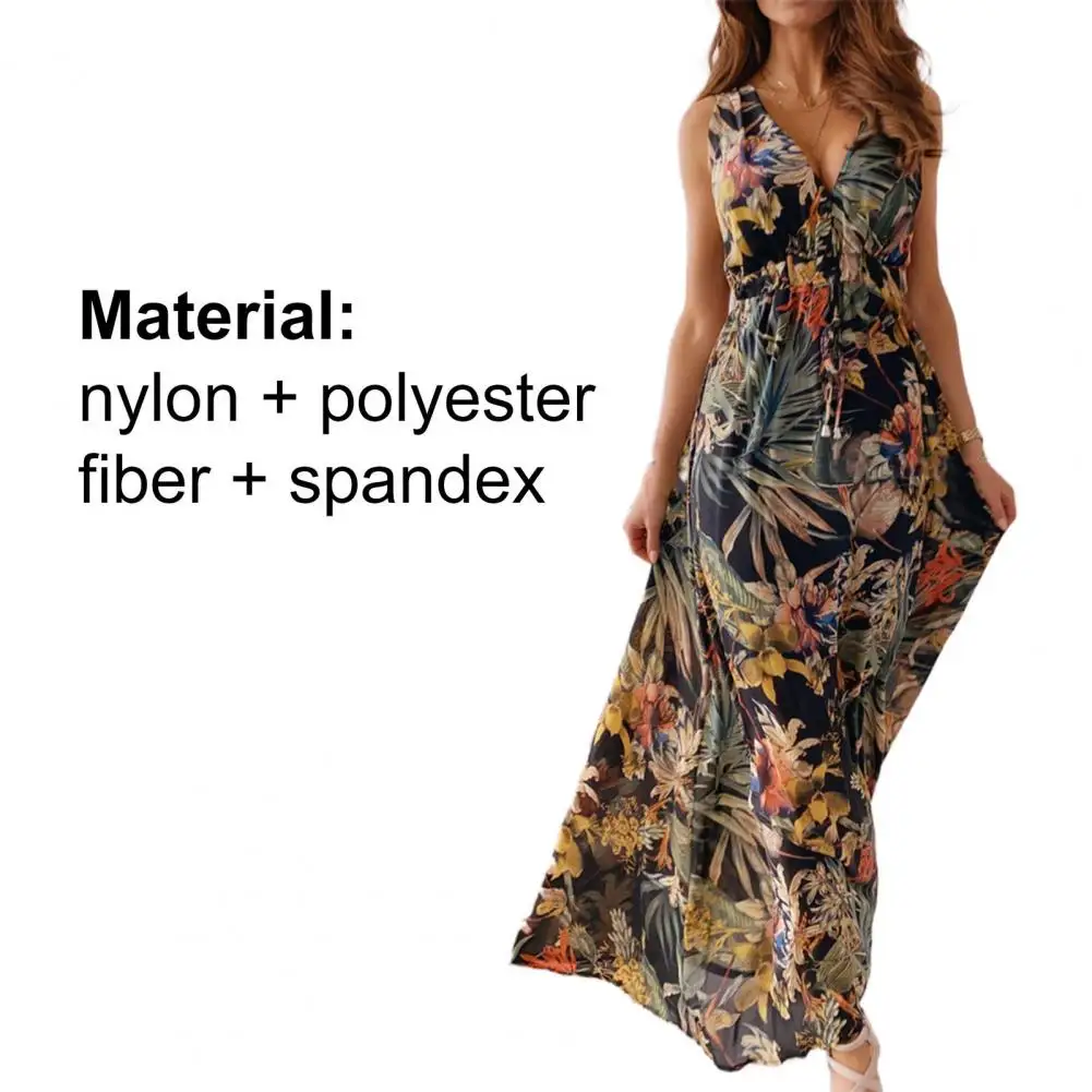 Bohemian Women Dress 2021 Summer Deep V Neck Backless Leaf Floral Print Sleeveless Maxi Dress Streetwear for Party 
Bohemian Women Dress 2021 Summer Deep V Neck Backless Leaf Floral Print Sleeveless Maxi Dress Streetwear for Party