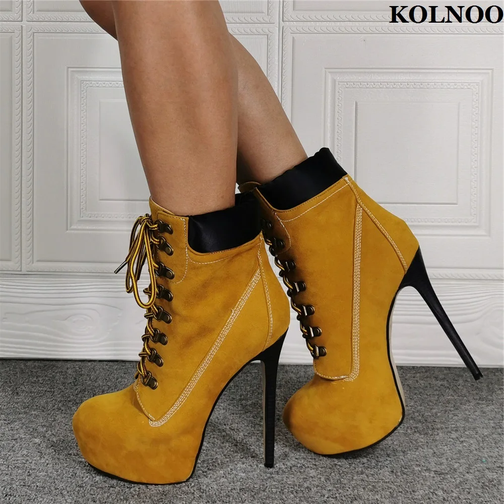 

Женские ботильоны ручной работы Kolnoo, классические ботинки на платформе и высоком каблуке, с перекрестными шнуровками, пикантная модная зимняя обувь для выпускного вечера, большие размеры