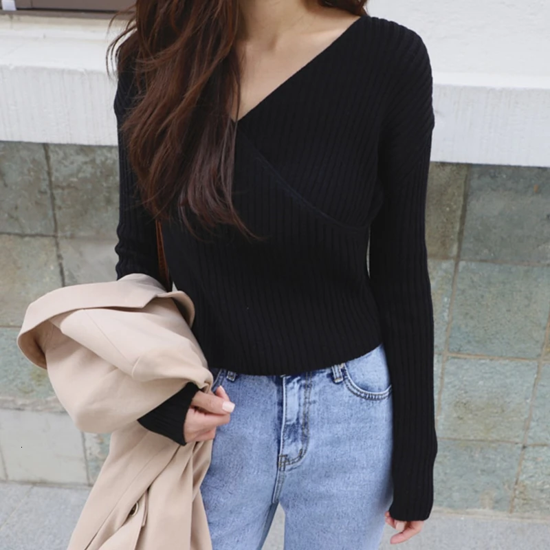 V Neck Stripe Short Knitting Women Sweater Criss-Cross Fashion Long Sleeve Casual Autumn Winter Female Pullovers
V Neck Stripe Short Knitting Women Sweater Criss-Cross Fashion Long Sleeve Casual Autumn Winter Female Pullovers