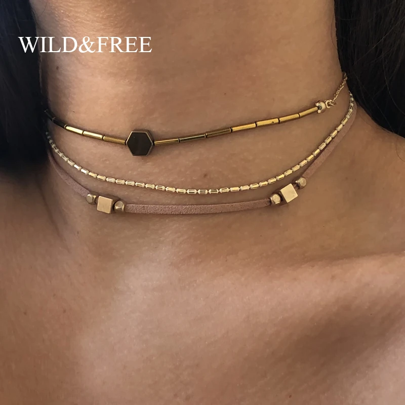 

New Stylish Multilayer Choker Necklaces for Women Pink Leather Gold Color Alloy Chain Geometric Pendants Brand Jewelry Gift