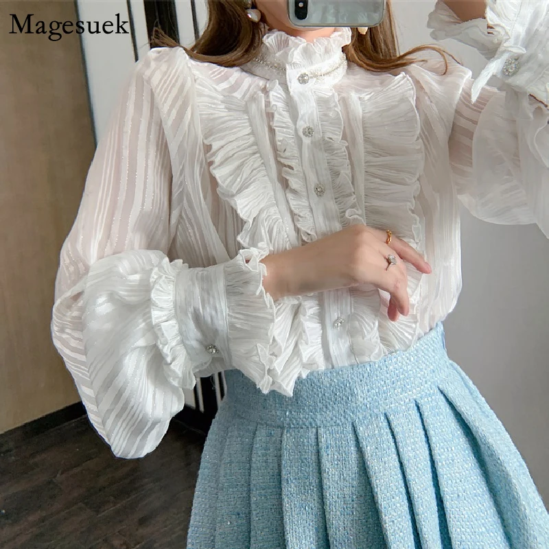Elegant Ruffles Lace Chiffon Shirt Women Fashion Autumn Long Sleeve Stand Collar Blouse Women Sweet Slim White Tops Blusas 17605
Elegant Ruffles Lace Chiffon Shirt Women Fashion Autumn Long Sleeve Stand Collar Blouse Women Sweet Slim White Tops Blusas 17605