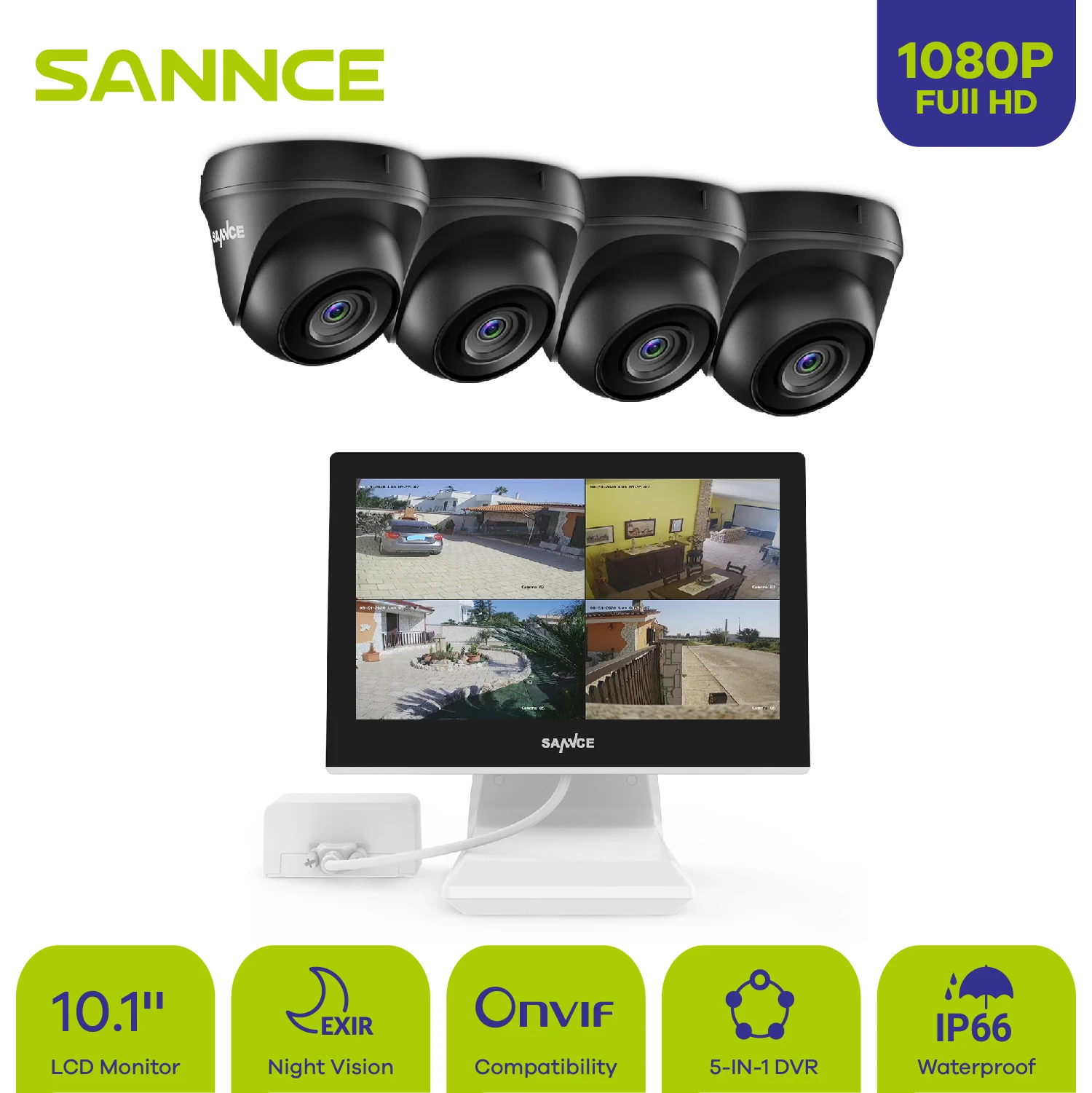 

SANNCE 10"1 LCD Monitor 5in1 4CH DVR with 4PCS 1080P CCTV IP66 Waterproof Indoor Outdoor Security Bullet Camera System