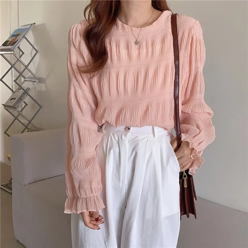 New Autumn Style Korean T-shirt O-neck Long-sleeved Elegant This Pleated Top Ladies Pure Color Casual Fashion Top Y2k Aesthetic
New Autumn Style Korean T-shirt O-neck Long-sleeved Elegant This Pleated Top Ladies Pure Color Casual Fashion Top Y2k Aesthetic