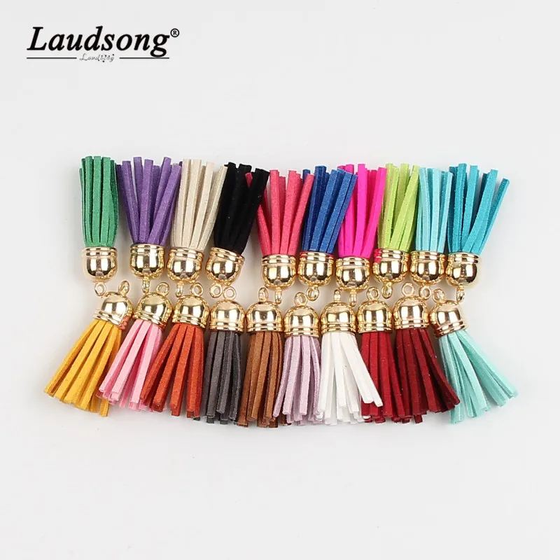 

Gold Tassel Caps 38x11mm Multicolor Suede Faux Leather Tassel For Key Chains Cellphone Straps Jewelry Summer DIY Charms Pendants