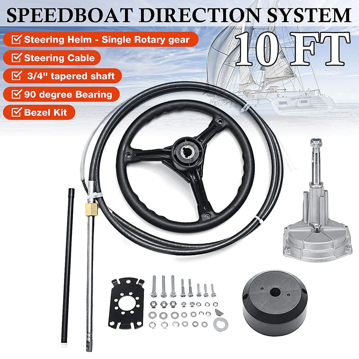 10FT Marine Engine Steering System Turbine Rotary Helm Boat Yacht Outboard Mechanical Cable Wheel 90 Degree Bearing Bezel Kit
10FT Marine Engine Steering System Turbine Rotary Helm Boat Yacht Outboard Mechanical Cable Wheel 90 Degree Bearing Bezel Kit