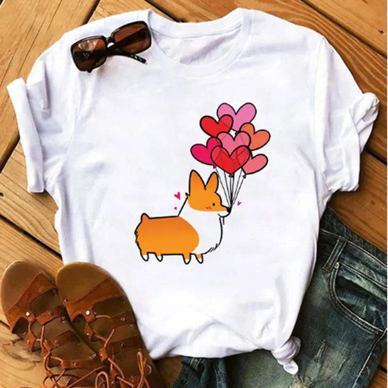 

LINNA Women's Funny Corgi Dog Print T-shirt Harajuku 90s Kawaii Ms. Short-sleeved T-shirt Graphic T-shirt Female T-shirt