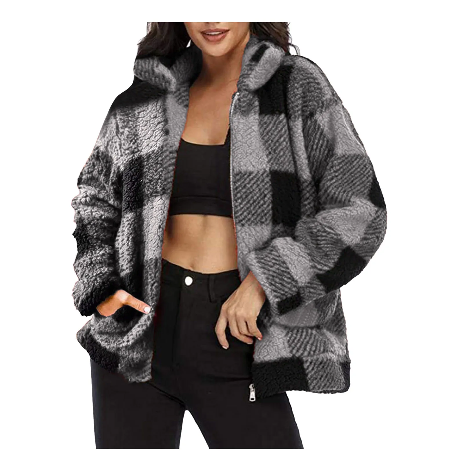 Women's Long Sleeve Plaid Plush Stand Collar Zipper Coat Long Sleeve Pocket Jacket Female Genuine Wool Fur Coat Ladies Outwear
Women's Long Sleeve Plaid Plush Stand Collar Zipper Coat Long Sleeve Pocket Jacket Female Genuine Wool Fur Coat Ladies Outwear