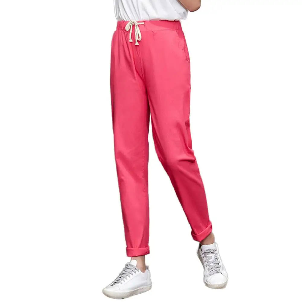 Solid Color Women Linen Drawstring Pockets Loose Trousers Ninth Harem Pants Women clothing