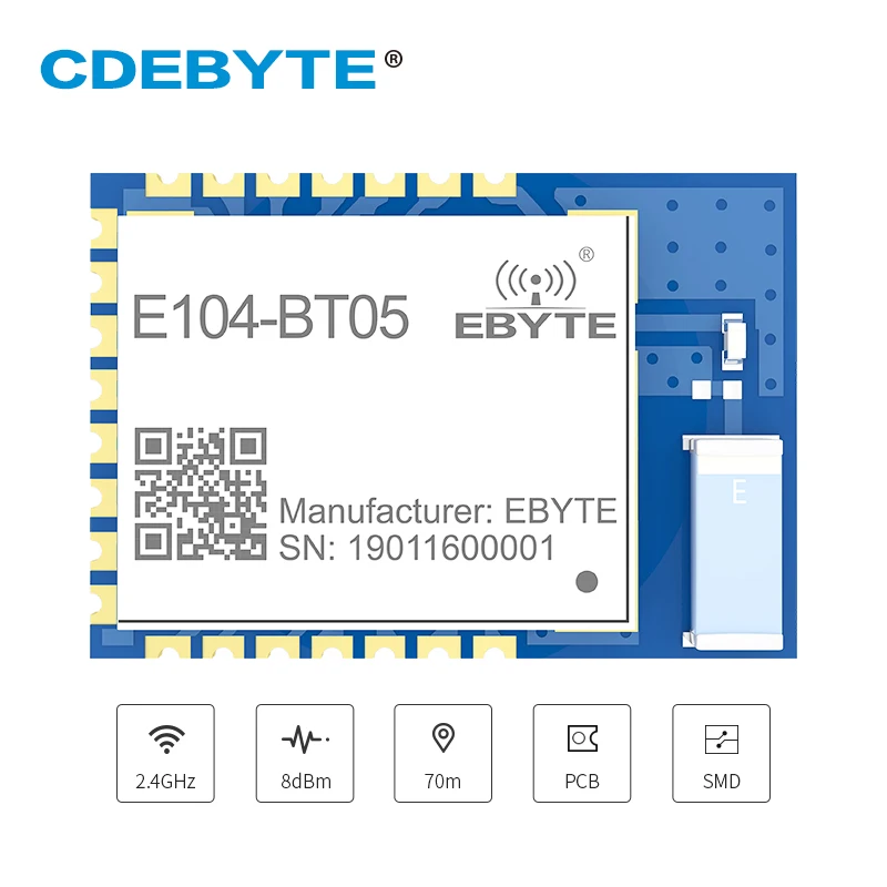 E104-BT05 TLSR8266 serial-to-BLE Bluetooth slave module 2.4GHz 8dBm UART SMD PCB antenna AT command BLE 4.2 wireless transceiver
E104-BT05 TLSR8266 serial-to-BLE Bluetooth slave module 2.4GHz 8dBm UART SMD PCB antenna AT command BLE 4.2 wireless transceiver