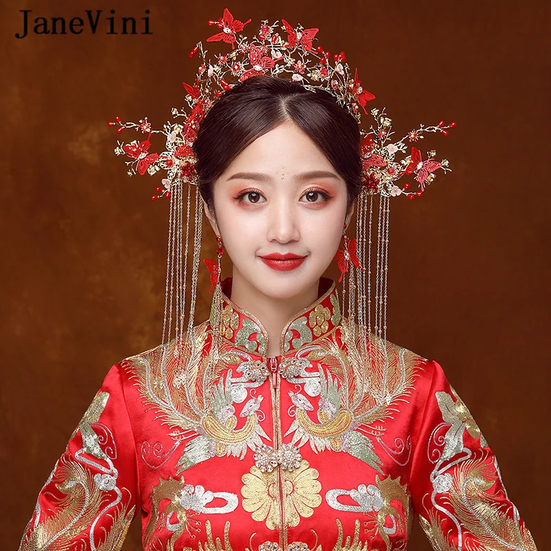 JaneVini Luxury Chinese Style Gold Bridal Headwear Costume Red Butterfly Hairpins with Earrings Wedding Jewelry Hair Accessories
JaneVini Luxury Chinese Style Gold Bridal Headwear Costume Red Butterfly Hairpins with Earrings Wedding Jewelry Hair Accessories