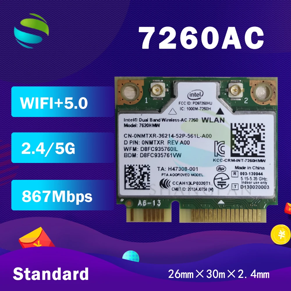 WIFI для intel Dual Band Wireless-AC7260 7260HMW 7260AC 7260HMWAC 867 Мбит/с + Bluetooth 4 0 half Mini PCI-eWireless Wi-Fi карта |