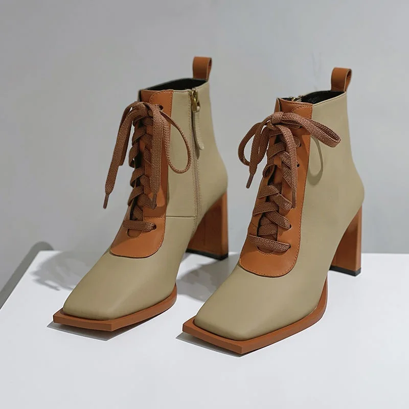 European station new lace-up soft leather patchwork color square heel Martin boots women's fashion skinny heel ankle boots
European station new lace-up soft leather patchwork color square heel Martin boots women's fashion skinny heel ankle boots