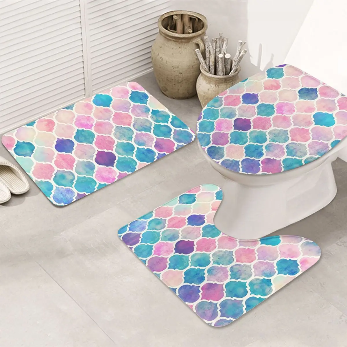 Hand Painted Colorful Geometric Trellis Chain Print Bath Mat 3 pcs Toilet Cover Foot Pad Soft Rug Carpet Simple Set Rugs WC
Hand Painted Colorful Geometric Trellis Chain Print Bath Mat 3 pcs Toilet Cover Foot Pad Soft Rug Carpet Simple Set Rugs WC