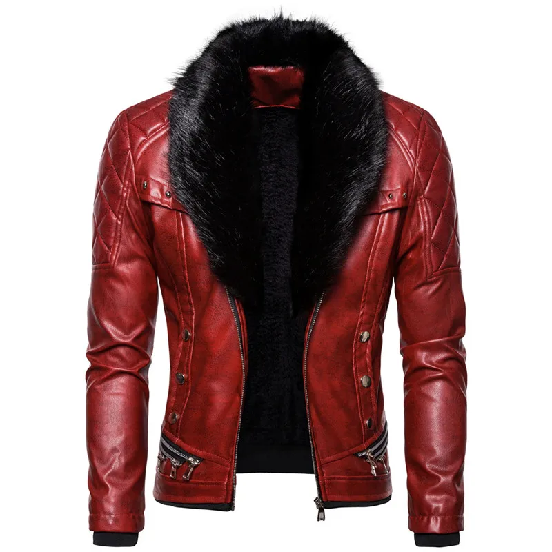 

Мужская кожаная куртка ABOORUN в стиле панк с заклепками, на молнии, со съемным меховым воротником, красная, черная, приталенная, мотоциклетная, ...